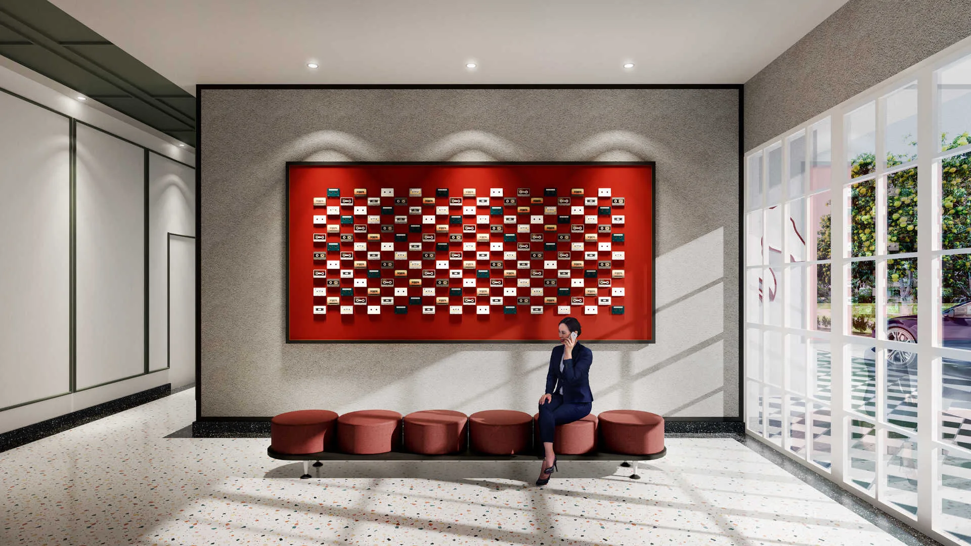 Stallionz Image shows the lobby area with a woman sitting on a bench in front of a large art piece. in Ipoh, Leasehold property development, render