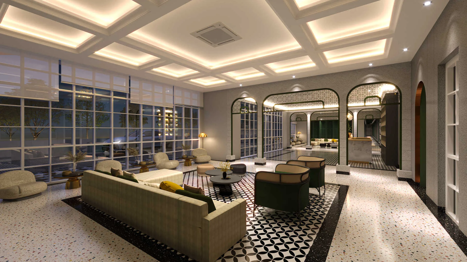 Stallionz This image shows the interior of a lobby or lounge area with seating and decorative elements. in Ipoh, Leasehold property development, render