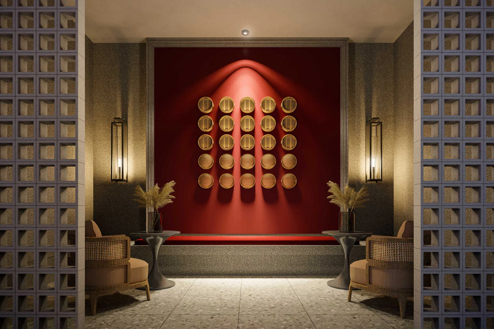Stallionz The image shows a lobby area with a red accent wall decorated with circular patterns, flanked by seating areas and decorative block walls. in Ipoh, Leasehold property development, render
