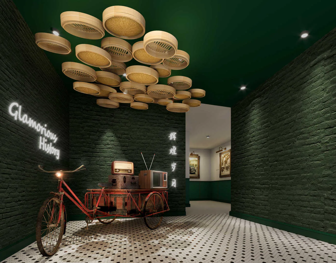 Stallionz The image shows a lobby area with a vintage bicycle carrying a radio and television, with unique ceiling lights and brick walls. in Ipoh, Leasehold property development, render