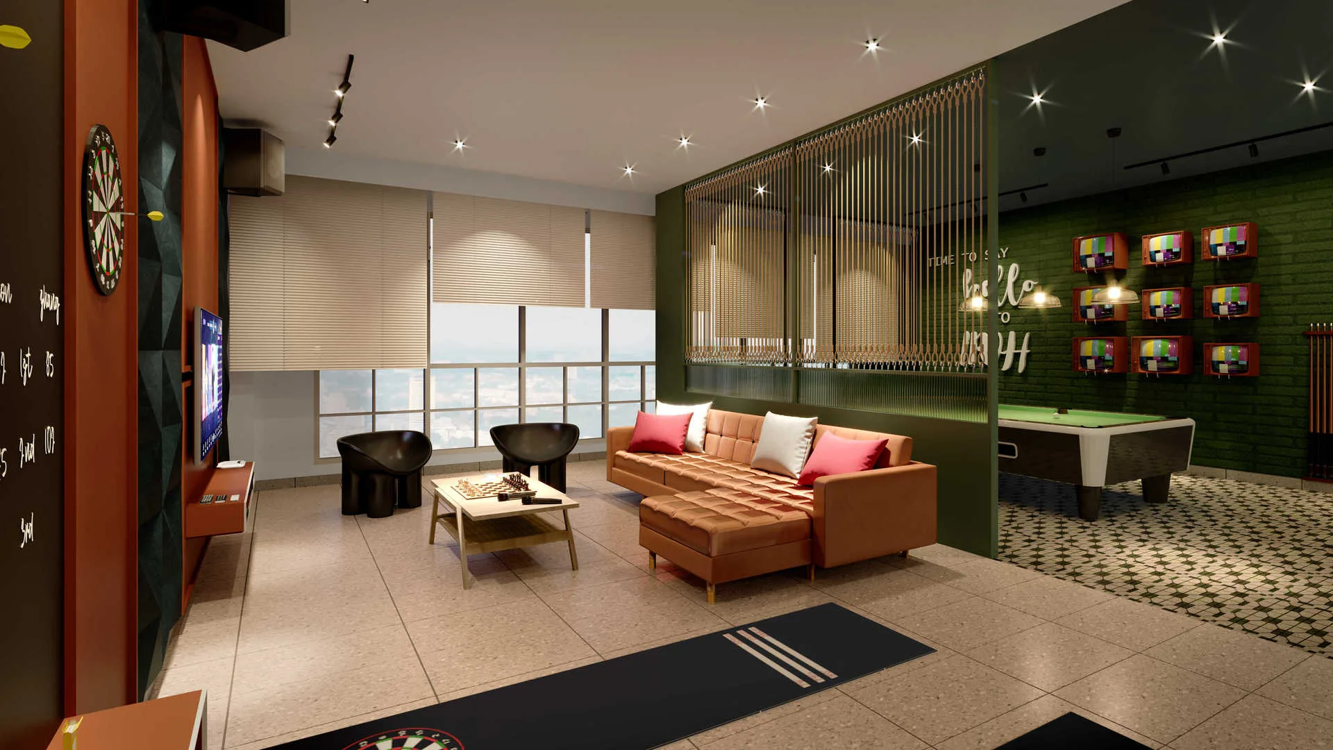 Stallionz This image shows a recreation room with a lounge area, a pool table, and a dart board area. in Ipoh, Leasehold property development, render