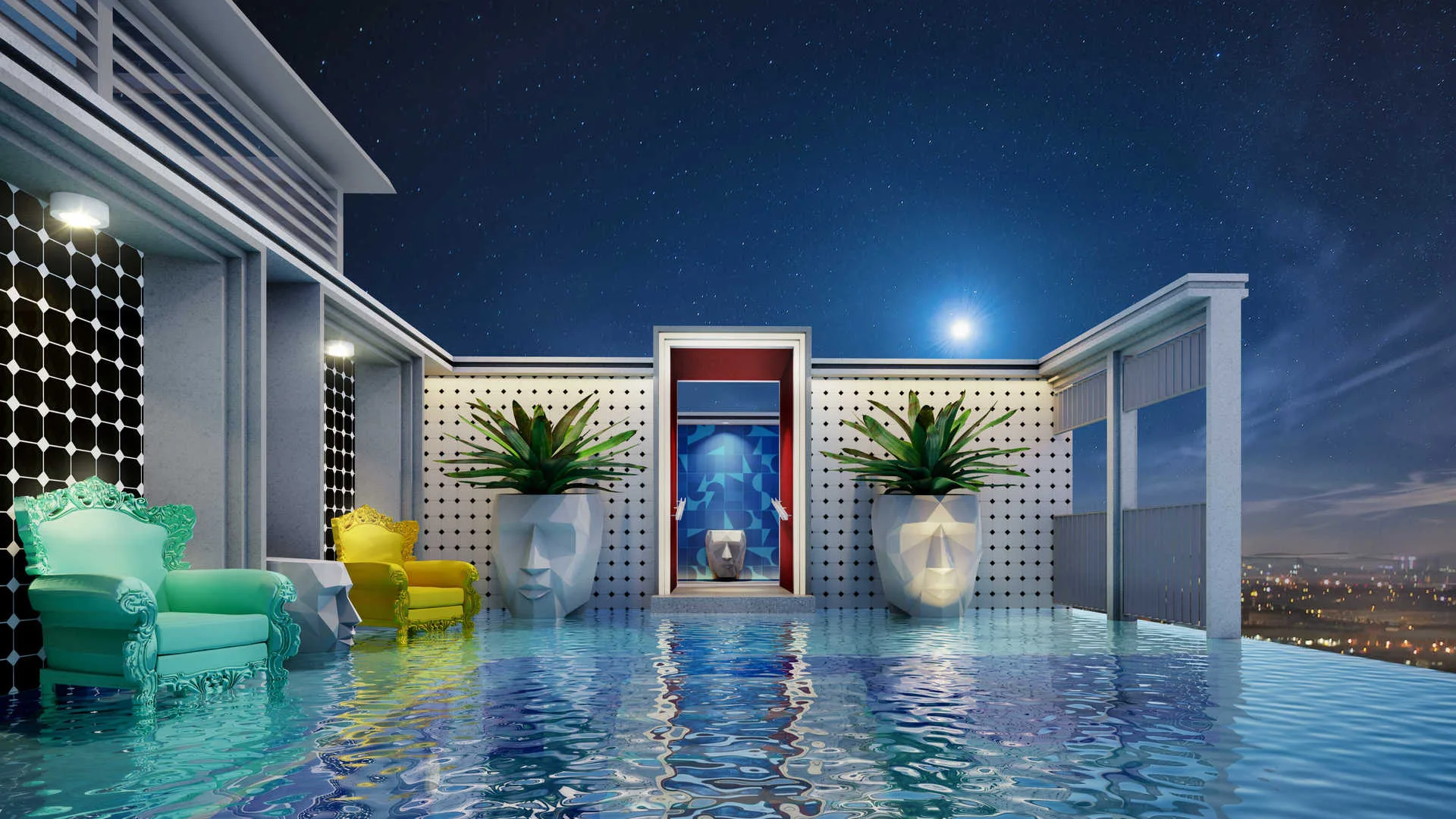Stallionz This image shows a rooftop infinity pool with seating and decorative planters at night. in Ipoh, Leasehold property development, render