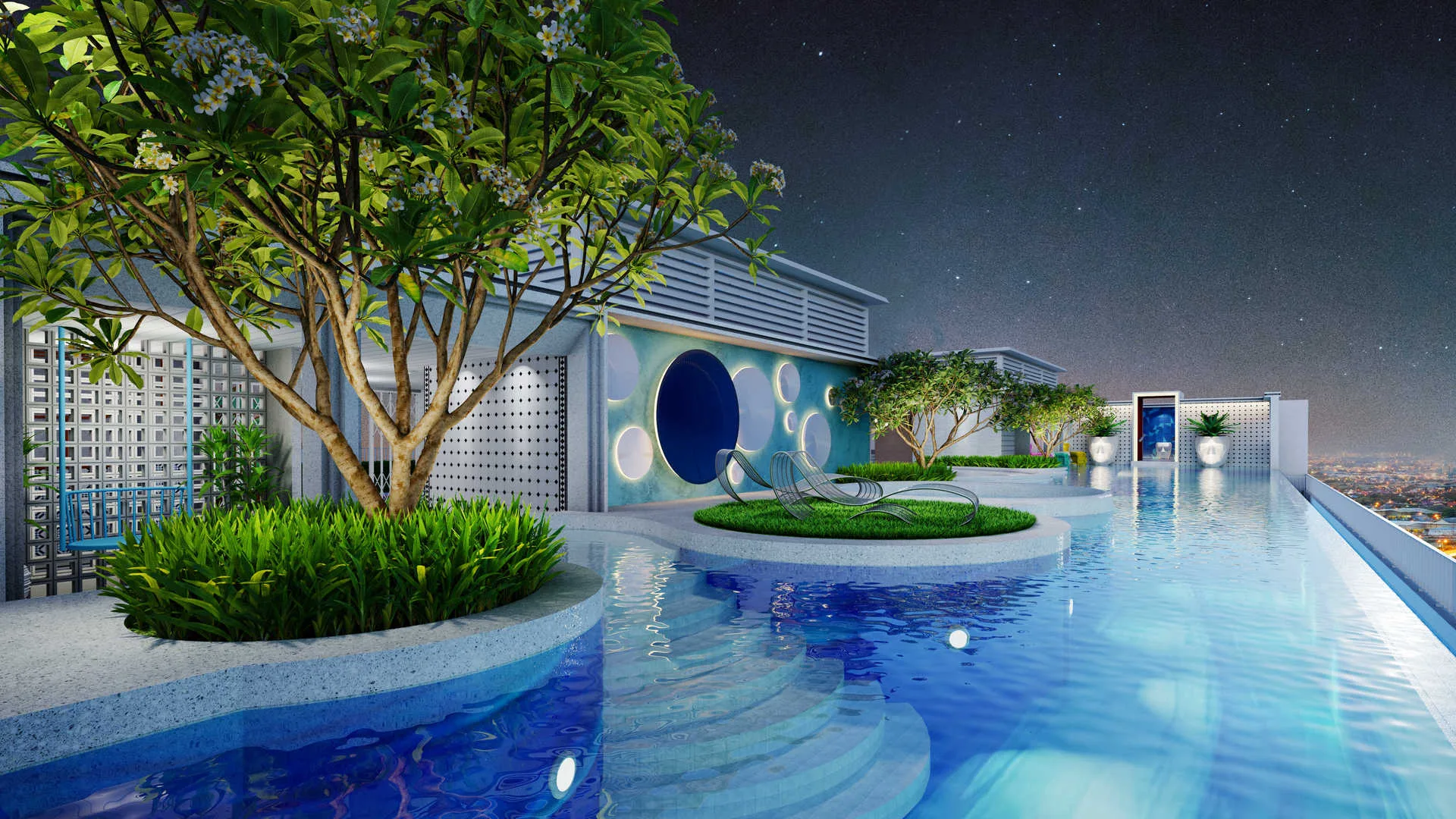 Stallionz Rooftop swimming pool with trees and lounge chairs at night in Ipoh, Leasehold property development, render