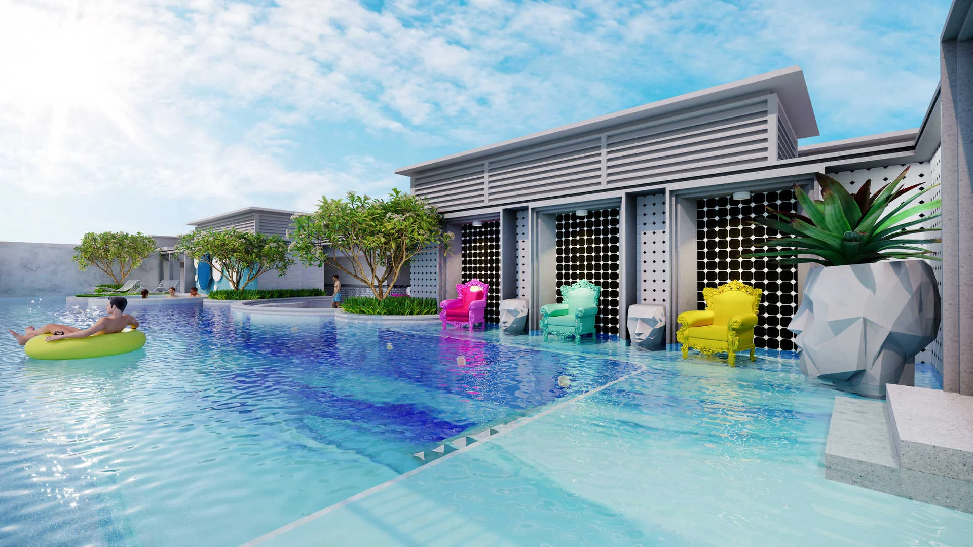 Stallionz This is a render of the swimming pool area, showing the pool, lounge chairs, and the building exterior. in Ipoh, Leasehold property development, render