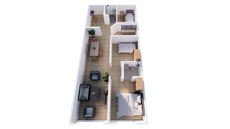 Taman Mahkota 3D floor plan — 4-bedroom single-storey terrace interior layout