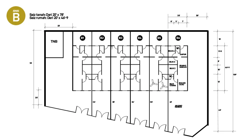 Taman Mahkota lot layout plan, Block B units (20' x 75')