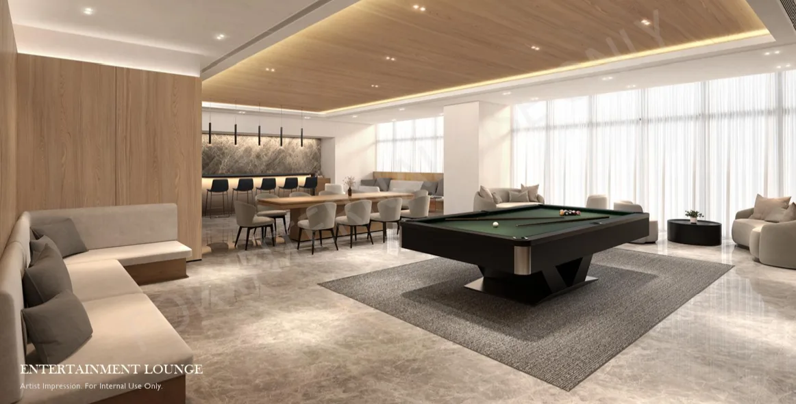 The Arden @ Bandar Sri Damansara This image shows the entertainment lounge with a pool table, seating area, and a long table with chairs. in Bandar Sri Damansara, Freehold property development, render