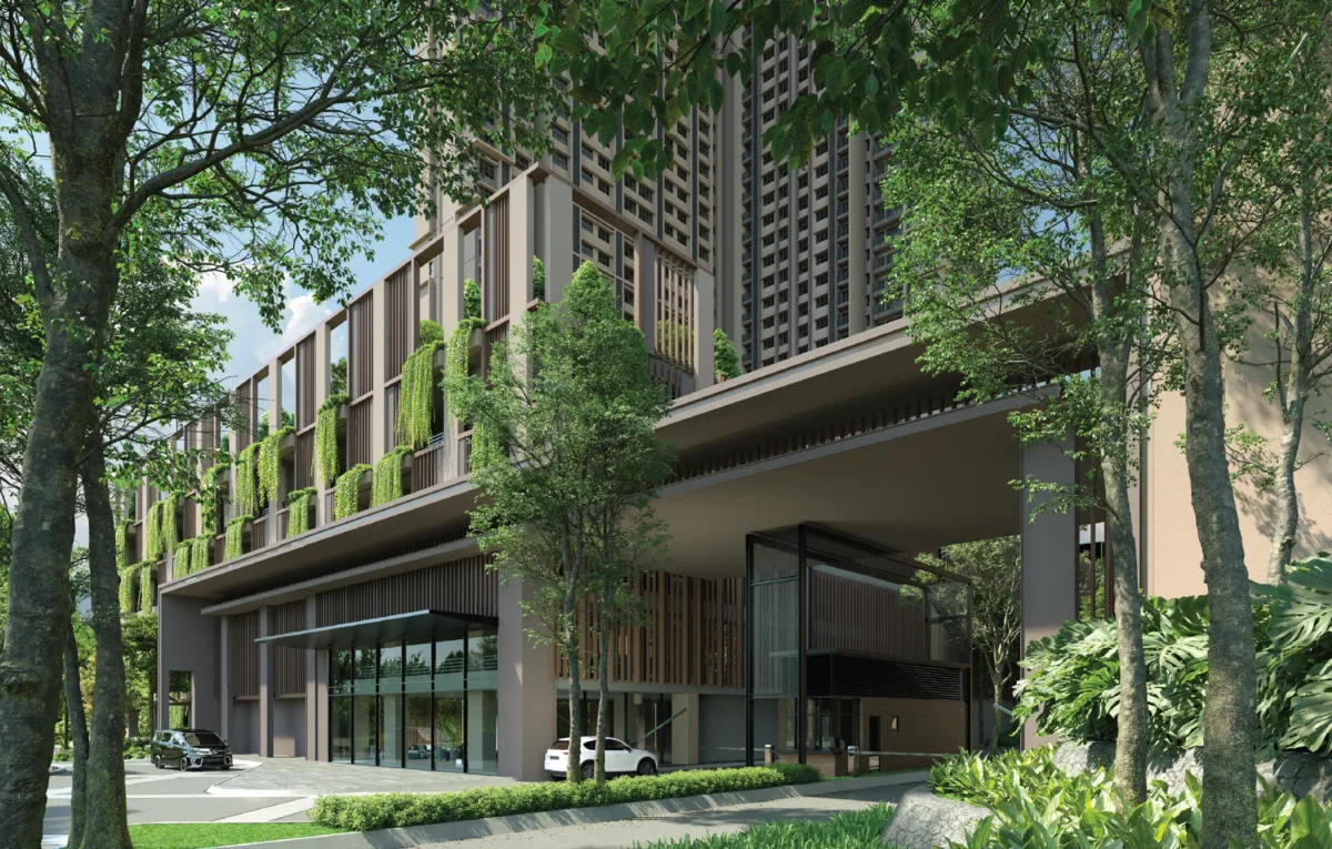 The Atera Building exterior with a bridge and water fountain feature at the entrance. in Petaling Jaya, Leasehold property development, render