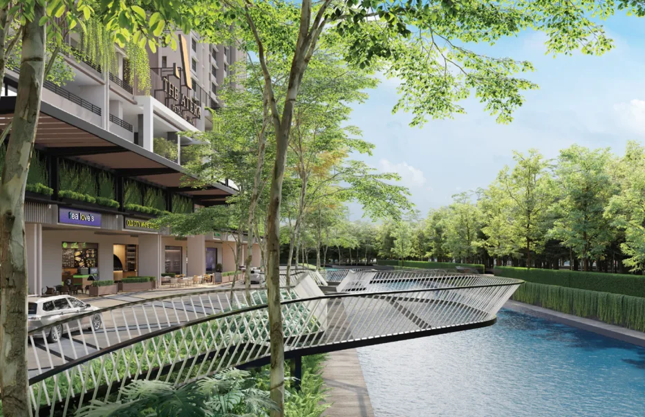 The Atera Exterior render of The Atera showing the building facade, retail shops, and a bridge over a waterway. in Petaling Jaya, Leasehold property development, render