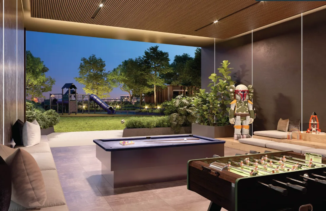 The Atera Image shows the games room with a pool table and foosball table, with an outdoor playground visible through a large opening. in Petaling Jaya, Leasehold property development, render