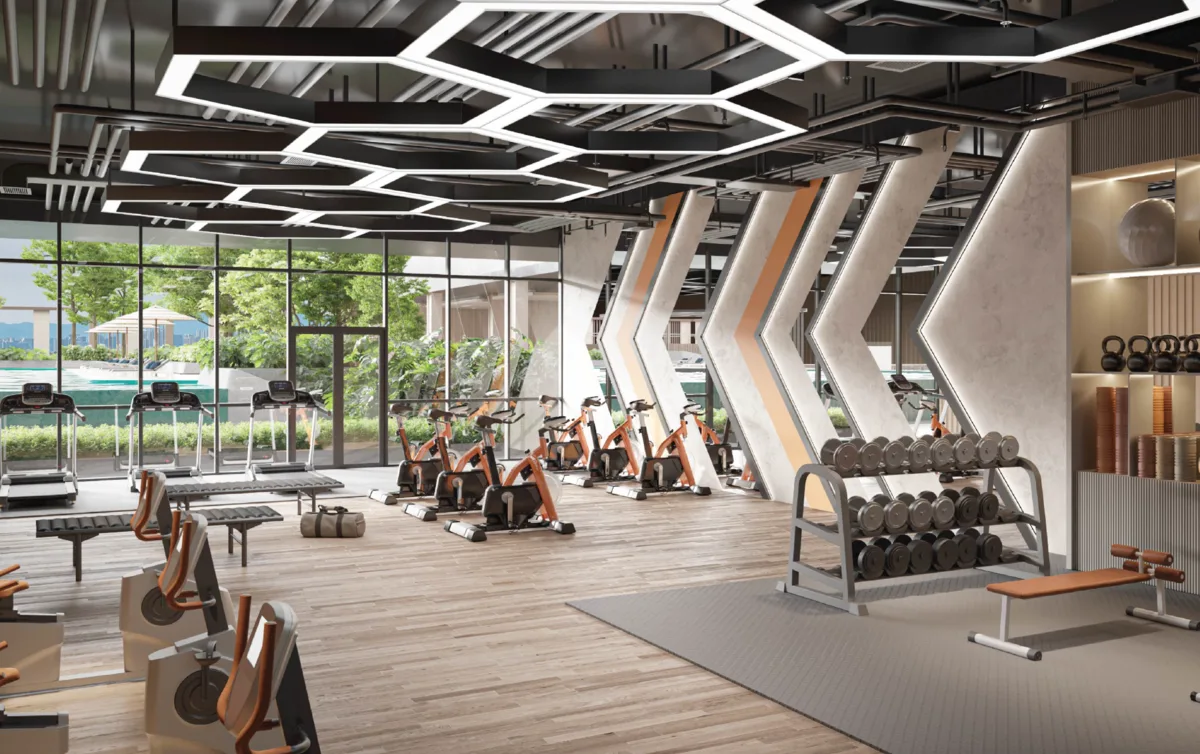 The Atera The image shows the interior of a gym with treadmills, exercise bikes, weights, and a view of the outside. in Petaling Jaya, Leasehold property development, render