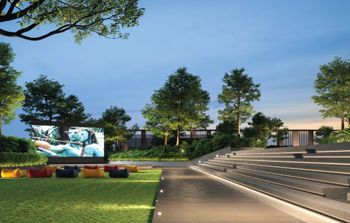The Atera Image shows an outdoor cinema with a large screen, beanbag seating on a lawn, and tiered seating with integrated lighting. in Petaling Jaya, Leasehold property development, render