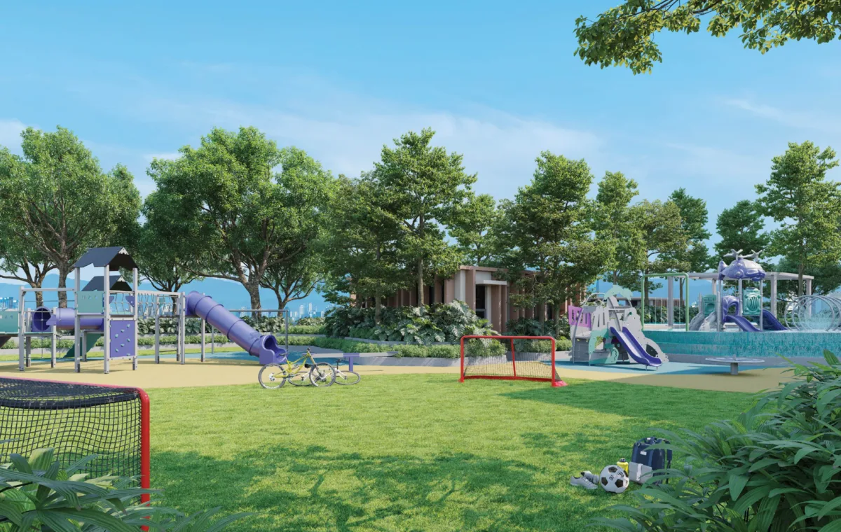 The Atera Image shows the playground facility at The Atera, featuring slides, climbing structures, and a soccer goal on a grassy area. in Petaling Jaya, Leasehold property development, render