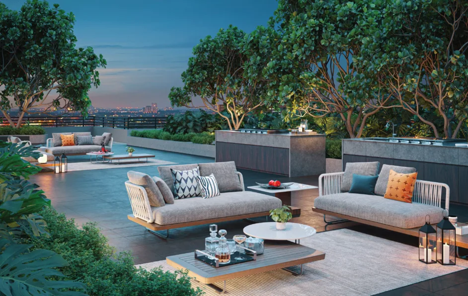 The Atera Image shows a rooftop lounge area with sofas, tables, greenery, and a city view in the background. in Petaling Jaya, Leasehold property development, render