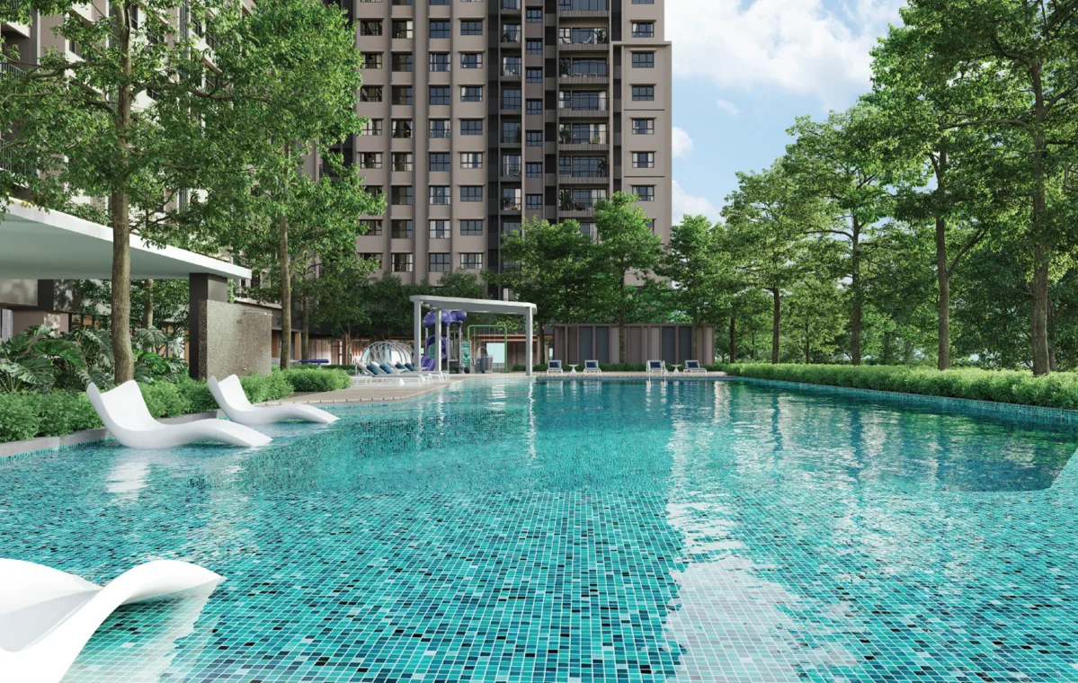 The Atera Image shows the swimming pool area with lounge chairs and the building in the background. in Petaling Jaya, Leasehold property development, render