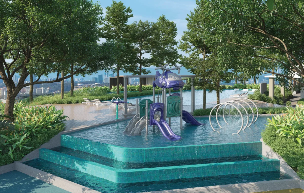 The Atera The image shows a children's water play area with slides, a helicopter-themed play structure, and water features, surrounded by greenery. in Petaling Jaya, Leasehold property development, render